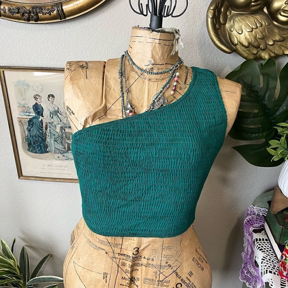 Anrabess Emerald Green Smocked One Shoulder Stretch Crop Top S‎ Festival Summer